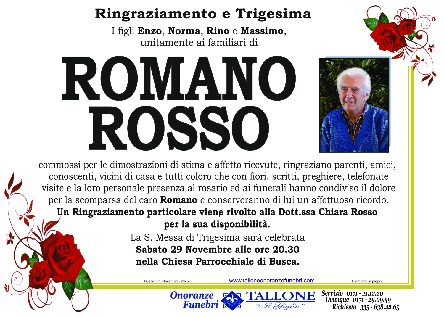 <br />
<b>Warning</b>:  Undefined variable $info in <b>/home/tallone/public_html/ringraziamenti.php</b> on line <b>68</b><br />
Romano Rosso